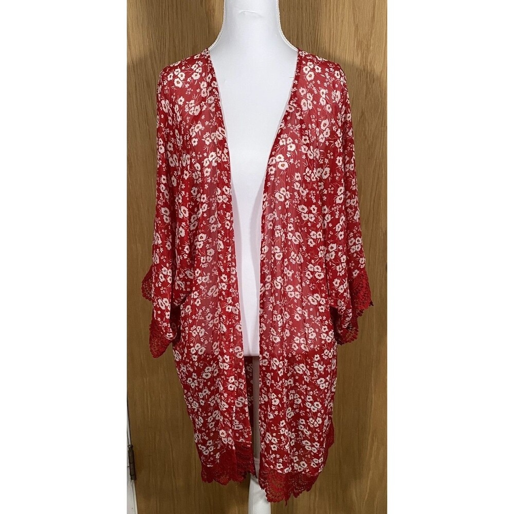 Women's 2X Sheer Open Kimono Red White Floral Boho Festival Gypsy CottageCore